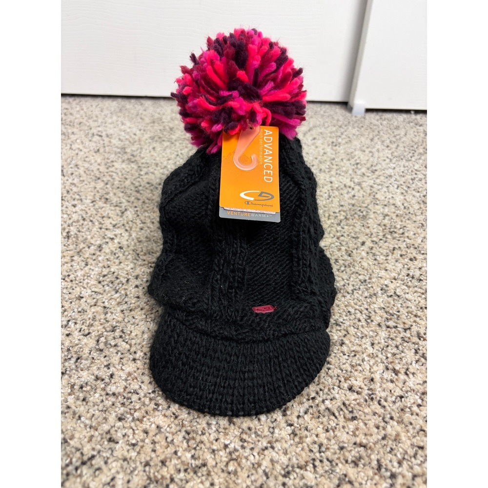Champion Hat Womens VentureWarm+ Cable Knit Pom Pom Black Brim NEW